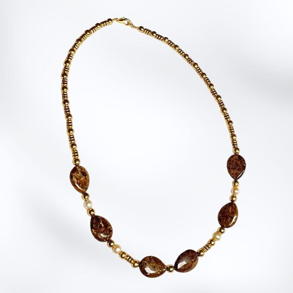 Handmade Brown Polished Gemstone Beaded Necklace Gold Tone Artisan Boho Jewelry - Picture 2 of 7